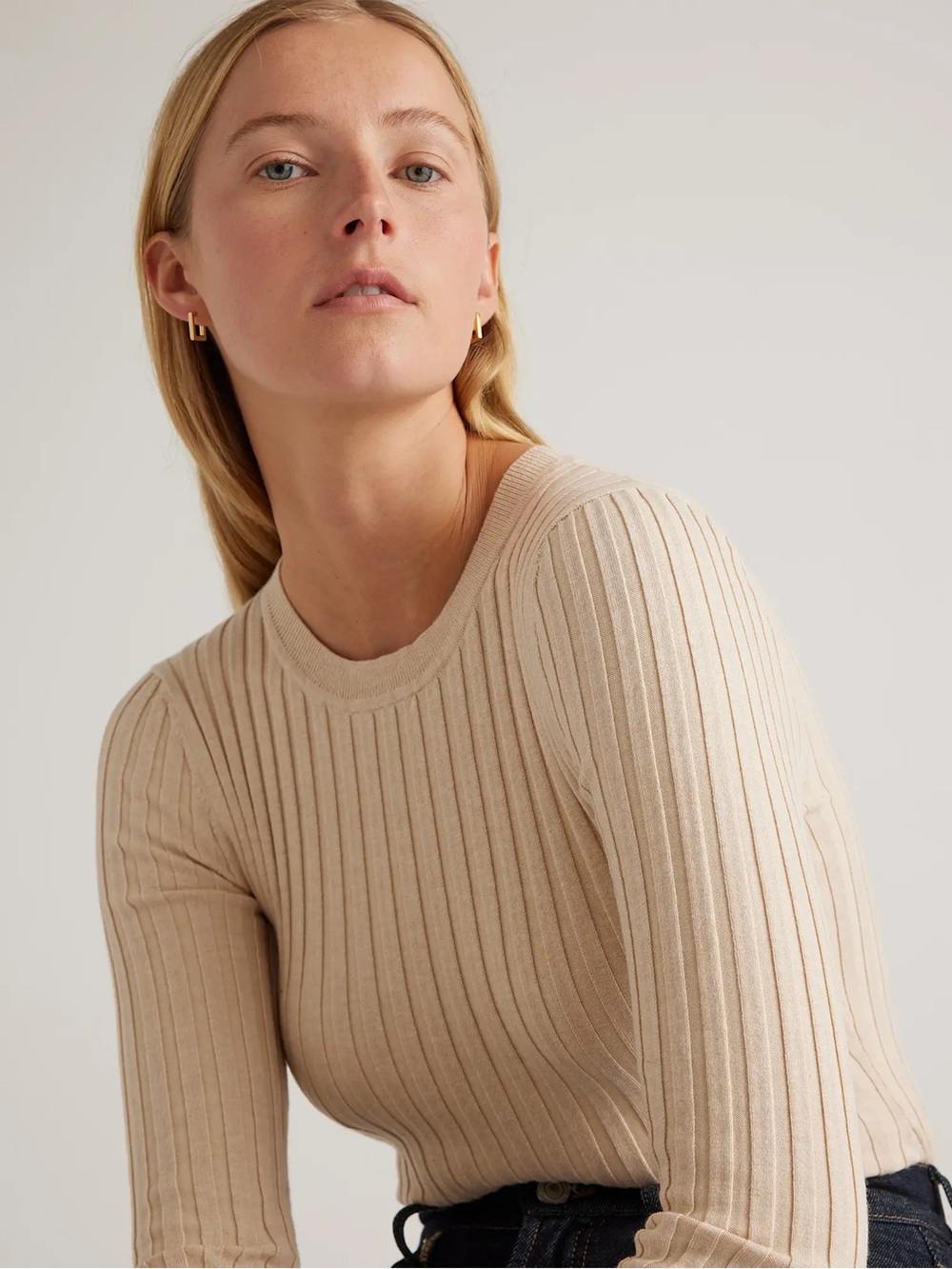 Quince Cotton Cashmere Ribbed Long Sleeve Sweater Heather Oatmeal M - Picture 2 of 7